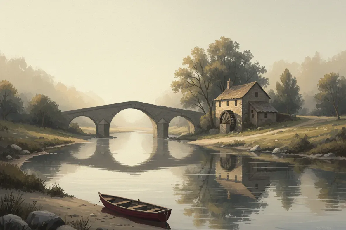 Pont de pierre et moulin au bord d'une rivière calme, barque rouge sur la rive