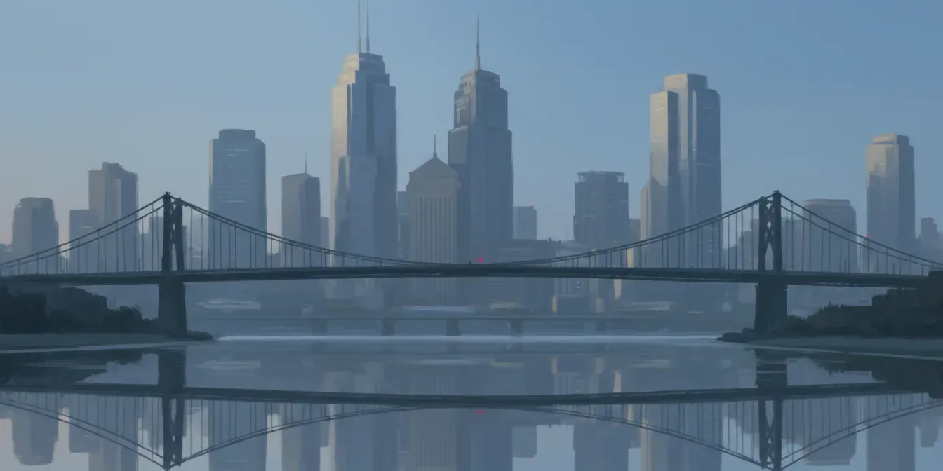 Ligne d'horizon d'une ville et pont suspendu dans une brume bleue