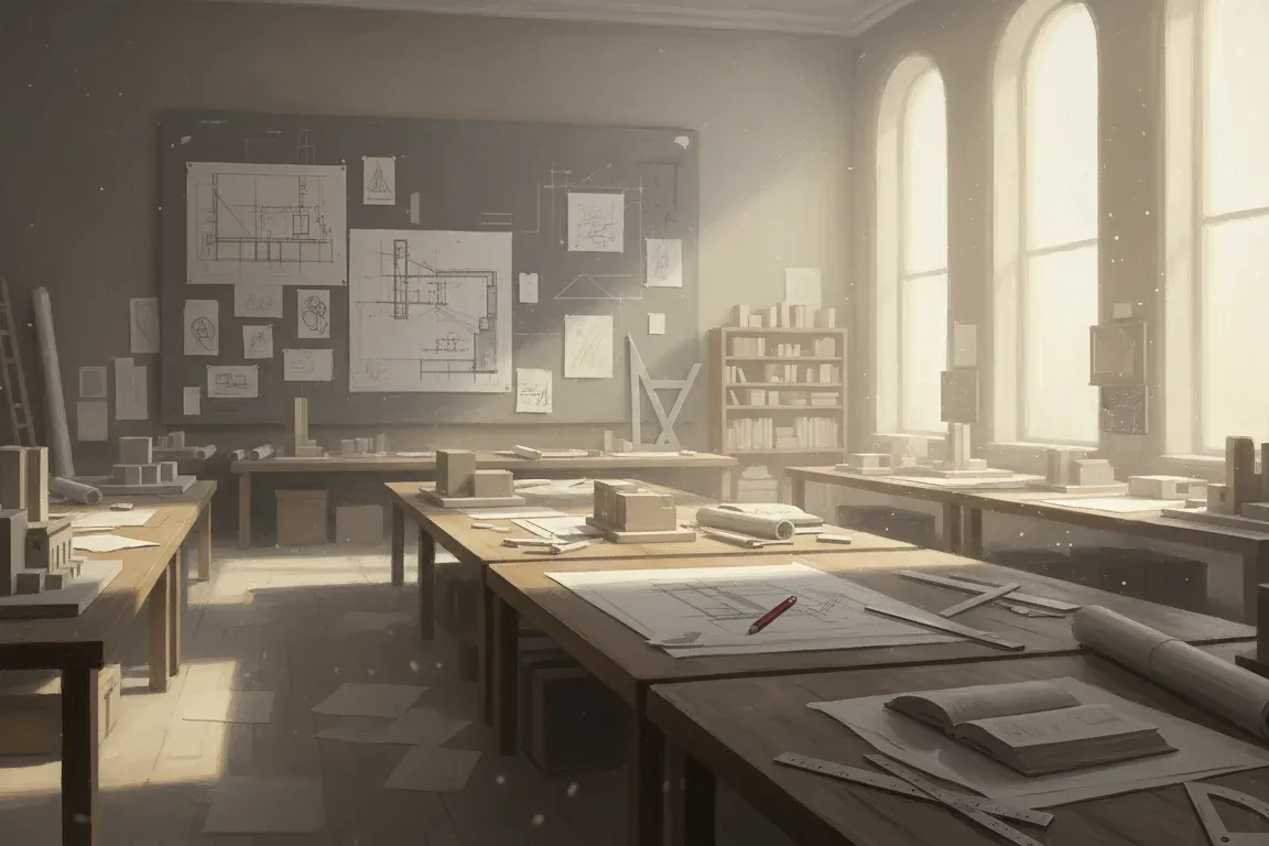 Atelier d'architecture éclairé par de hautes fenêtres, plans et maquettes sur les tables
