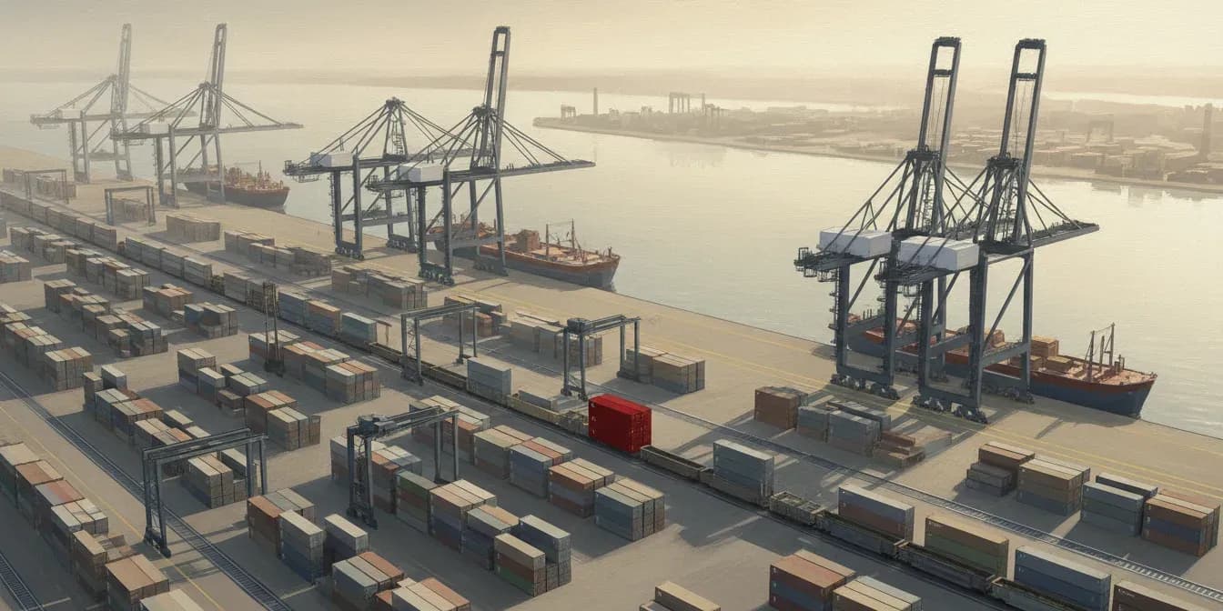 Port de conteneurs et portiques de chargement dans une lumière de matin voilée