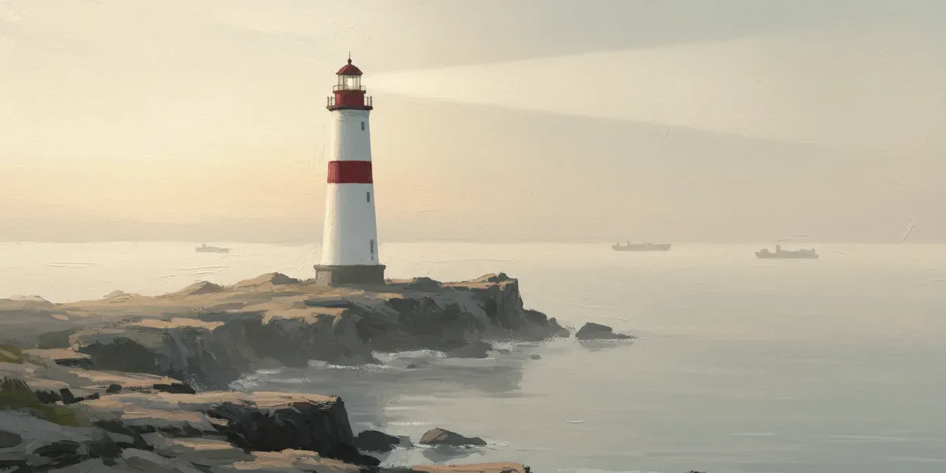 Phare à bande rouge sur une côte rocheuse, mer calme et navires au loin